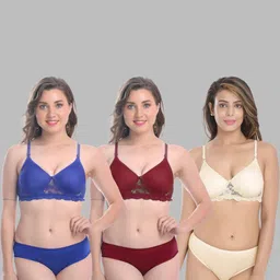 samvar Women Blue,Maroon,Brown Cotton Bra Panty Set for Lingerie Set Undergarments Pack of 3-picture-15