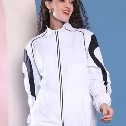 HOUSE OF VEDAS Women Mock Collar Striped Windcheater Bomber Jacket-image-49