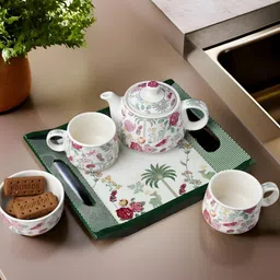 prohome Pack of 4 Ceramic Floral Print Ceramic Tea Set with Tray – 1 Kettle, 2 Cups, 1 Bowl image 1