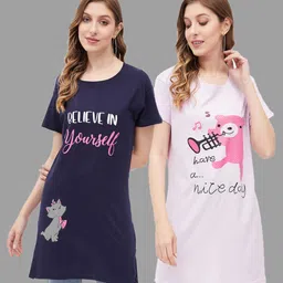 christy world Pack of 2 Women Printed Round Neck Pure Cotton Blue, Pink T-Shirt-picture-16