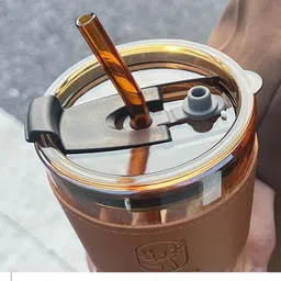 ganesh store Multipurpose Tumbler Glass Coffee Sippers with Lid & Straw Pack Brown Glass Tumbler image 5