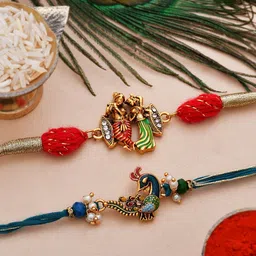 voylla Thread Set of 2 Pearl Beads Studded Gold Toned Rakhi Mauli Thread Chawal Roli Pack Set-picture-25