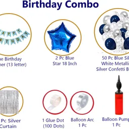 party gliters Printed Happy Birthday Decoration Combo 61 Pcs Blue Birthday Banner Silver Curtains with Glue Dot Arc & Silver Confetti Balloons With Balloon Pump for Boys Husband Mom Dad/Happy Birthday Decorations Items Set (Blue Silver) Balloon Bouquet image 2