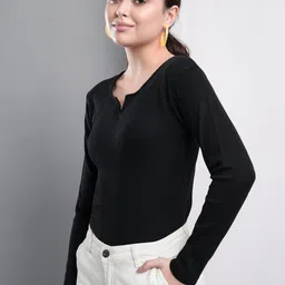 q-rious Casual Regular Sleeves Solid Women Black Top image 4