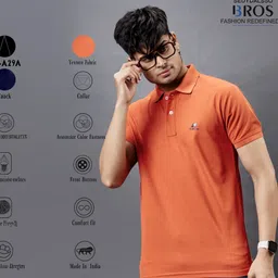 3bros Men Solid Polo Neck Cotton Blend Orange T-Shirt-picture-15