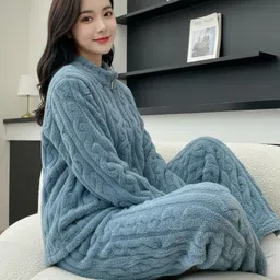 lugo Women Night Suit Set Blue Self Design image 5