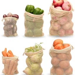 elaheh 100%cotton vegetable storage bags for fridge. Reusable,organiser drawstring bag. Pack of 6 Grocery Bags-picture-10