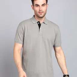 3bros Men Solid Polo Neck Cotton Blend Grey T-Shirt-picture-13
