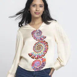 SHAYE Beige V-Neck Printed Full Sleeves Casual Tops For Women-picture-22