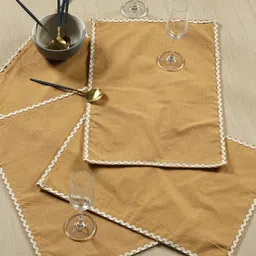 fingercraft 4Pcs Brown & White Pure Cotton Rectangular Table Placemats With Lace Details image 2