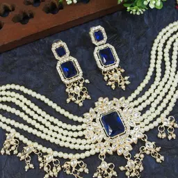 Gyaan Jewels Gold-Plated Stone-Studded & Beaded Necklace and Earrings image 2