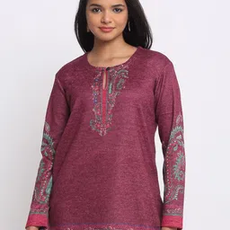 SHAYE Women Round Neck Magenta Floral Printed Full Sleeves Casual Knit Kurtis-picture-23