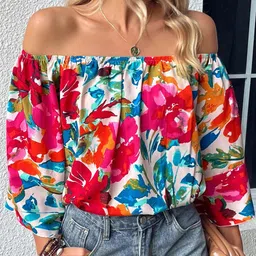 StyleCast White Floral Print Off-Shoulder Flared Sleeves Top-picture-13