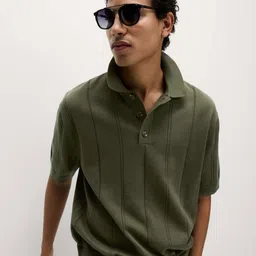 Marks & Spencer Self Design Polo Collar Pure Cotton Relaxed Fit T-shirt-picture-39