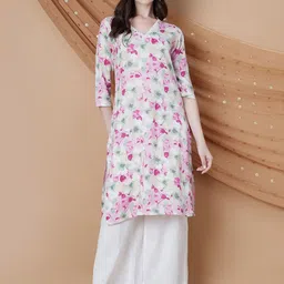 Melange by Lifestyle Floral Printed V-Neck Straight Kurta-image-89