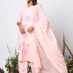 GHUMMAN SONAKSHI Floral Embroidered V-Neck Pure Cotton Kurta & Palazzo With Dupatta image 3