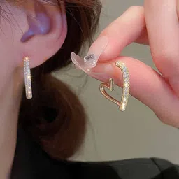 FIMBUL Gold-Plated Cubic Zirconia Studded Heart Shaped Half Hoop Earrings image 2