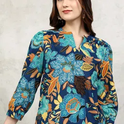 Vishudh Women Floral Printed Mandarin Collar Bishop Sleeves Cotton Top-picture-13