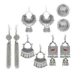 JMBW INTERNATIONAL Pack Of 10 Silver Plated Artificial Beads Contemporary Jhumkas Earrings-image-25