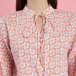 CORSICA Women Abstract Printed Tie-Up Neck Puff Sleeve Cotton Top image 2