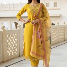 SZN Women Floral Embroidered Regular Thread Work Chanderi Cotton Kurta with Trousers & With Dupatta-picture-12