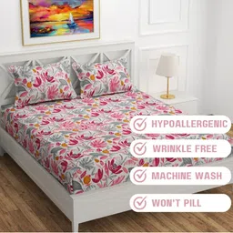 YaAkholic Cream-Coloured & Pink 210 TC Queen Bedsheet with 2 Pillow Covers image 4