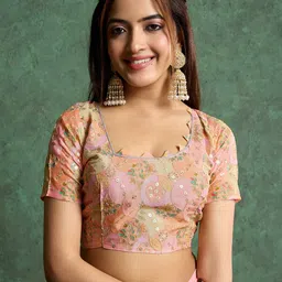 all about you Solid Pink Saree with Sequinned Detail Blouse Piece image 3