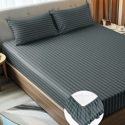 Story@home Dark Grey 300 TC Striped Queen Fitted Bedsheet With 2 Pillow Covers-picture-46
