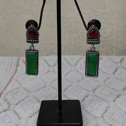 Konasa Silver-Plated Artificial Stones Studded Oxidised Geometric Shaped Drop Earrings image 4