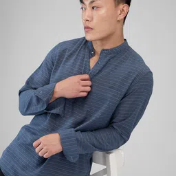 VASTRADO Striped Thread Work Mandarin Collar Dobby Weave Straight Kurta-picture-32