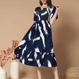 OTABU Print Puff Sleeve Applique Crepe A-Line Midi Dress-picture-38
