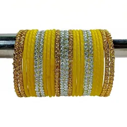 poshing Set Of 40 Yellow Glass Artificial Stones & Beads Bangles image 2