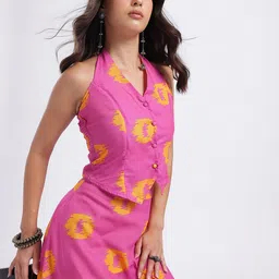 fusion by glitchez Abstract Print Halter Neck Top with Maxi Skirt-image-34