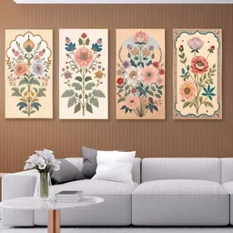 nestroots Elegant Flora Peach & Green 4 Pieces Floral Printed Canvas Wall Art-picture-21