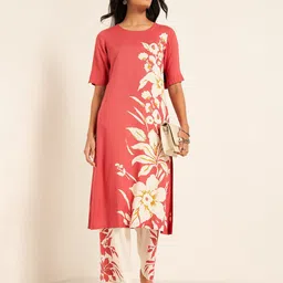 RANGMANCH BY PANTALOONS Floral Printed Round Neck Straight Shaped Kurta With Palazzos image 2