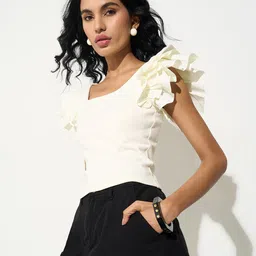People Women Solid Ruffle Flutter Sleeves Crop Top image 5