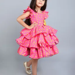 Pink Chick Print Flutter Sleeve Fit & Flare Dress image 3