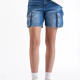 LOVEGEN Women Relaxed Fit High-Rise Pure Cotton Denim Cargo Shorts-image-42