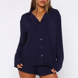 LULU & SKY Women Lapel Collar Shirt and Shorts Night suit-image-64