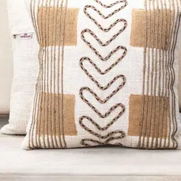 Aawrun Beige & Brown Embroidered Cotton Square Cushion Cover image 2