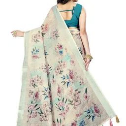 SSHAGUN LIFESTYLE Cream Floral Print Bollywood Cotton Blend Saree image 2