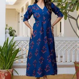 Charnest Floral Printed V-Neck Puff Sleeves Fit and Flare Midi Ethnic Dress-picture-51