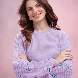 DressBerry Embroidered Sleeves Acrylic Ribbed Pullover-picture-21