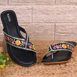Kenila Women Black Embroidered Open Toe Slip-On Flats-picture-32