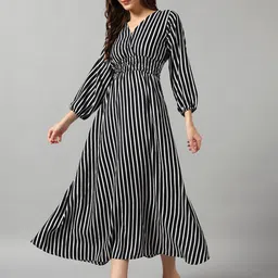 Krunal Raiyani Women Printed Striped Smocked Fit and Flare Midi Dress-image-39