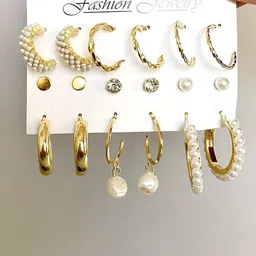 PolluxCraft Set Of 9 Gold-Plated Pearls Beaded Circular Shaped Korean Half Hoop Earrings image 5