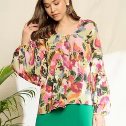 Berrylush Print Bishop Sleeves Ruffles Peplum Top-image-9