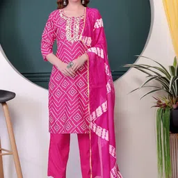 Ethnic 3 You Women Bandhani Printed Regular Thread Work Pure Cotton Kurta with Trousers & With Dupatta-picture-36