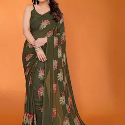 Mehendi Green Floral Printed Satin Saree with Unstitched Blouse Piece-image-90