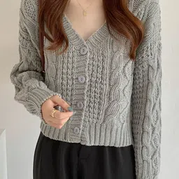 StyleCast Women Self Design Cable Knit V-Neck Long Sleeves Cardigan-image-5